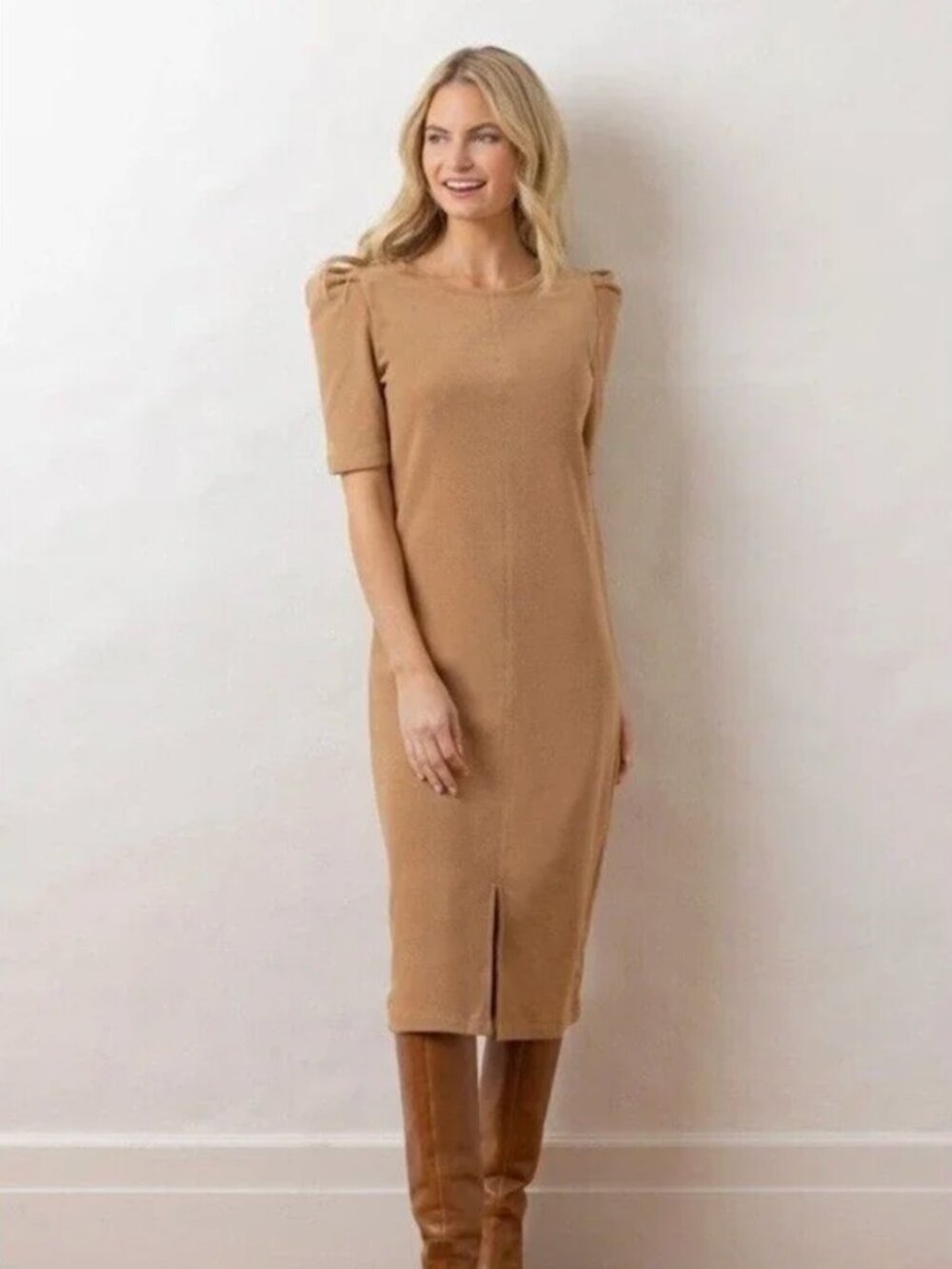 Dudley Stephens Duncan Terry Fleece Front Slit Puff Short Sleeve Midi Dress, XS